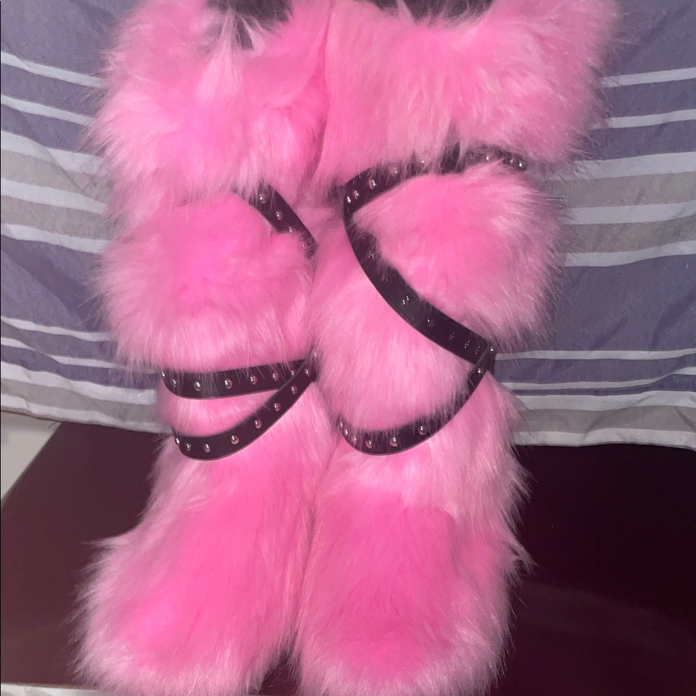 Pink Furry Boots with Black Straps